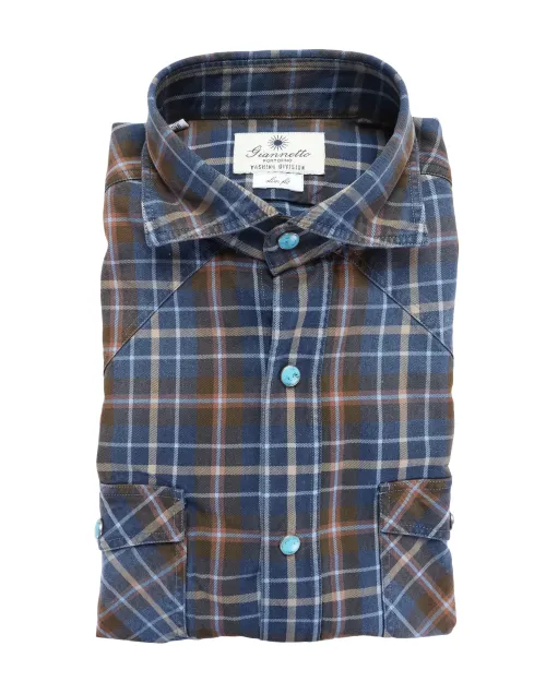 GIANNETTO PORTOFINO SHIRT - BLUE & BROWN - COTTON DENIM