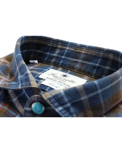 GIANNETTO PORTOFINO SHIRT - BLUE & BROWN - COTTON DENIM