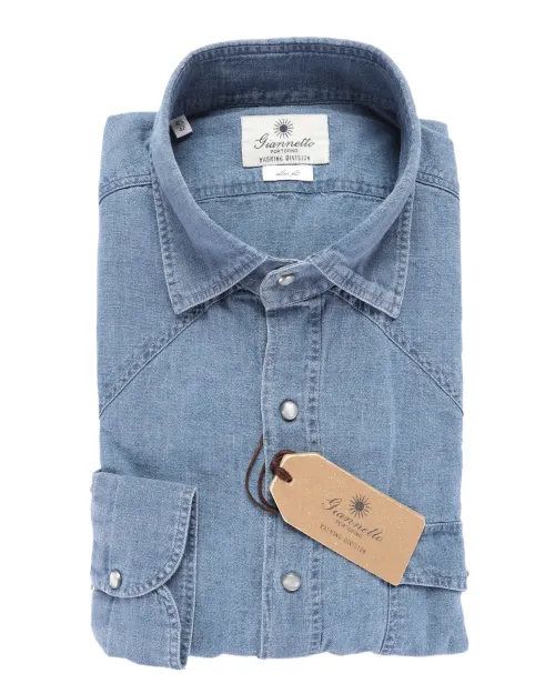 GIANNETTO PORTOFINO SHIRT - BLUE - LINEN & COTTON DENIM