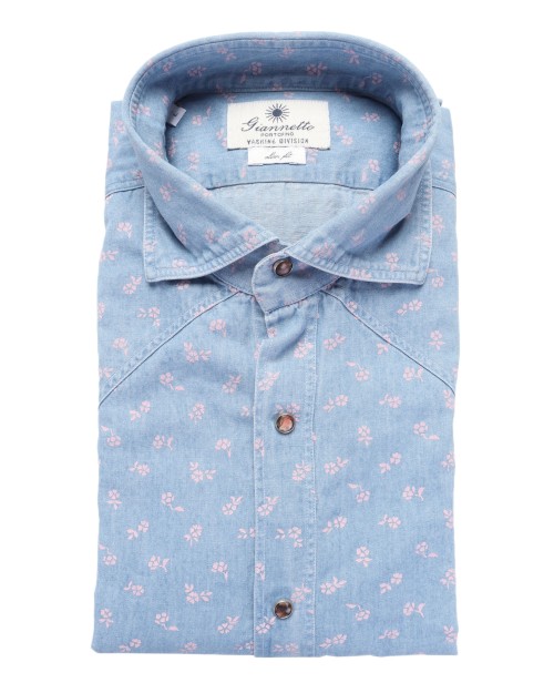GIANNETTO PORTOFINO SHIRT - BLUE & PINK - COTTON DENIM