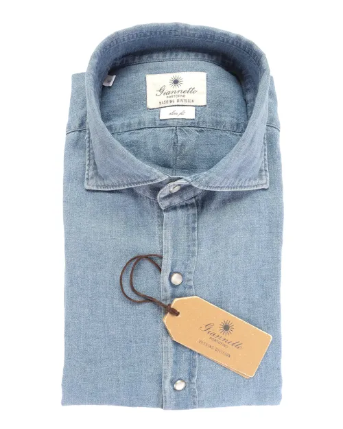 GIANNETTO PORTOFINO SHIRT - BLUE - LINEN & COTTON DENIM
