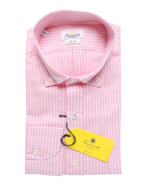 GIANNETTO PORTOFINO SHIRT - WHITE & PINK - COTTON & LINEN
