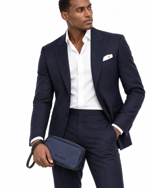 KITON WRISTLET CLUTCH BAG - NAVY BLUE BLACK - CANVAS & CALFSKIN LEATHER