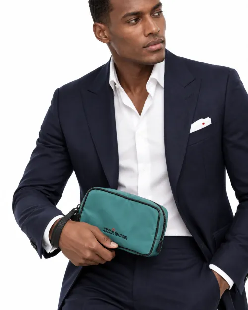 KITON WRISTLET CLUTCH BAG - TURQUOISE BLACK - CANVAS & CALFSKIN LEATHER