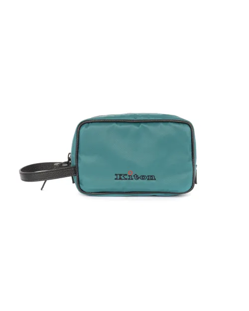 KITON WRISTLET CLUTCH BAG - TURQUOISE BLACK - CANVAS & CALFSKIN LEATHER
