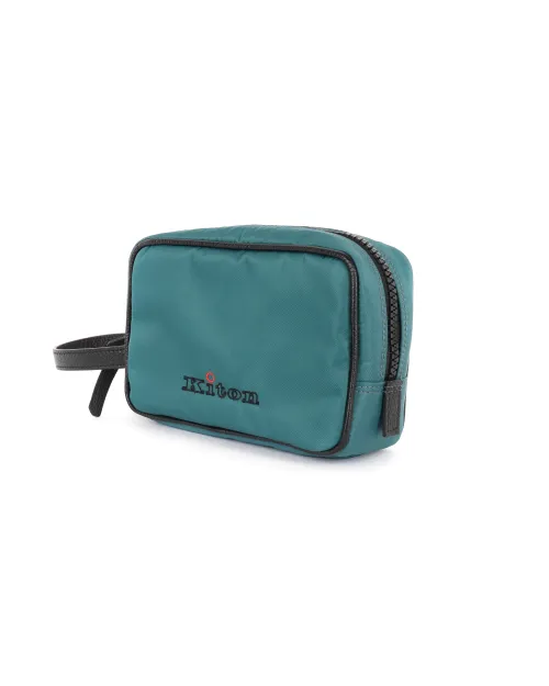 KITON WRISTLET CLUTCH BAG - TURQUOISE BLACK - CANVAS & CALFSKIN LEATHER