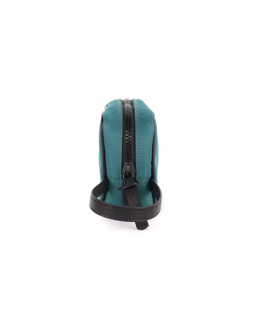 KITON WRISTLET CLUTCH BAG - TURQUOISE BLACK - CANVAS & CALFSKIN LEATHER