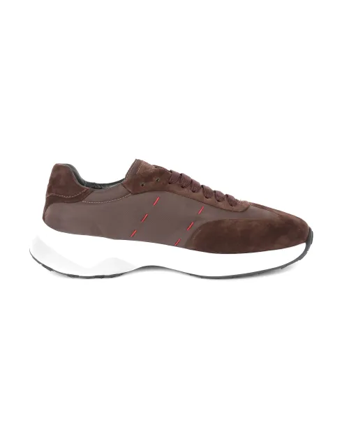 KITON SNEAKERS - CALFSKIN SUEDE & CANVAS - BROWN