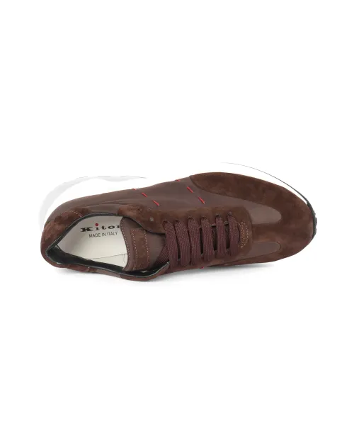 KITON SNEAKERS - CALFSKIN SUEDE & CANVAS - BROWN
