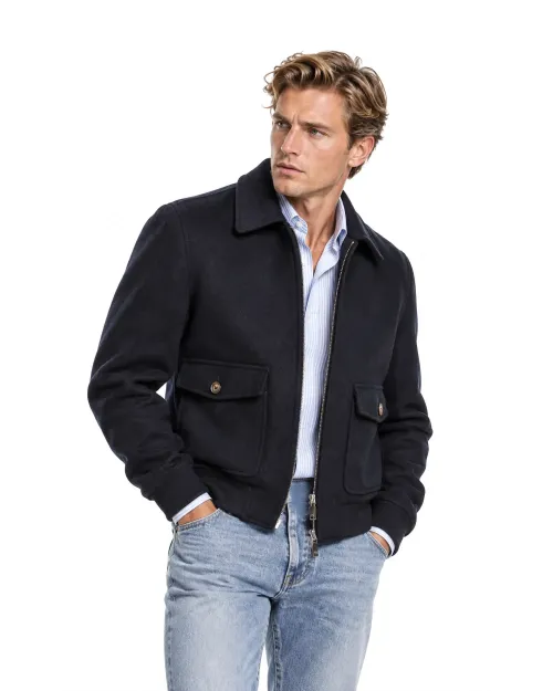 PAL ZILERI BOMBER JACKET - NAVY BLUE - WOOL