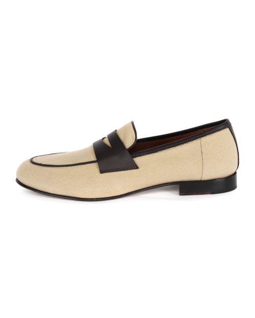 POLLINI LOAFERS - TEXTILE & CALFSKIN - BROWN & BEIGE