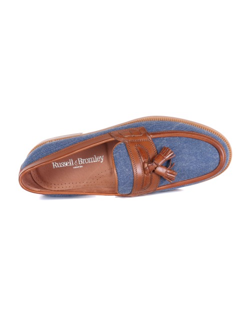 RUSSELL & BROMLEY LOAFERS - CALFSKIN & DENIM - COGNAC & BLUE