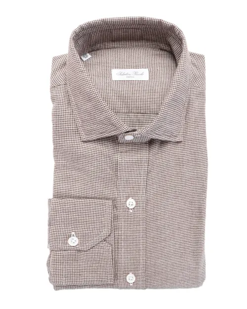 SALVATORE PICCOLO DRESS SHIRT - BROWN & WHITE - COTTON FLANNEL