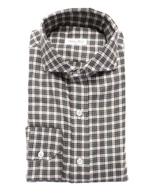 SALVATORE PICCOLO DRESS SHIRT - WHITE, GREEN & BROWN - COTTON FLANNEL