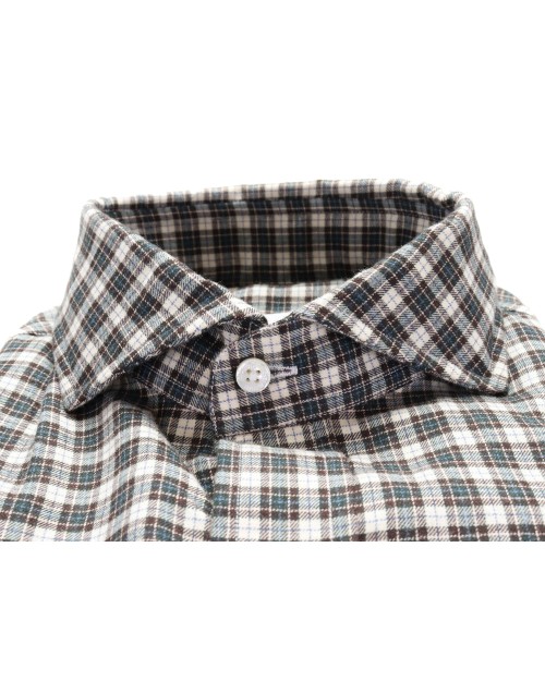 SALVATORE PICCOLO DRESS SHIRT - WHITE, GREEN & BROWN - COTTON FLANNEL