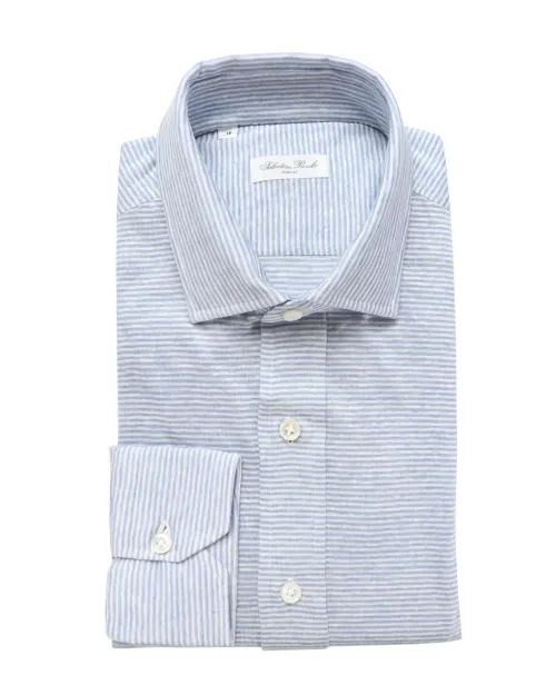 SALVATORE PICCOLO DRESS SHIRT - SKY BLUE & WHITE - LINEN & COTTON JERSEY