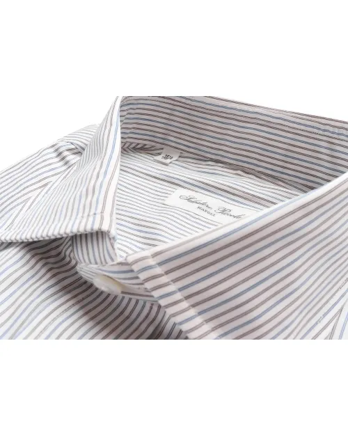 SALVATORE PICCOLO DRESS SHIRT - WHITE, BROWN & BLUE - COTTON
