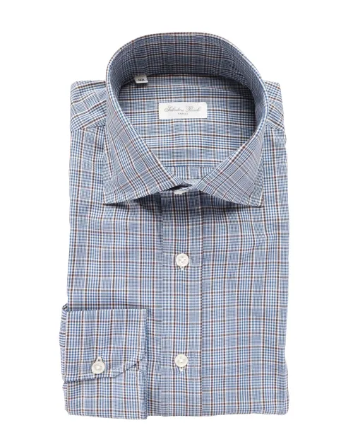 SALVATORE PICCOLO DRESS SHIRT - BLUE, WHITE & BROWN - COTTON