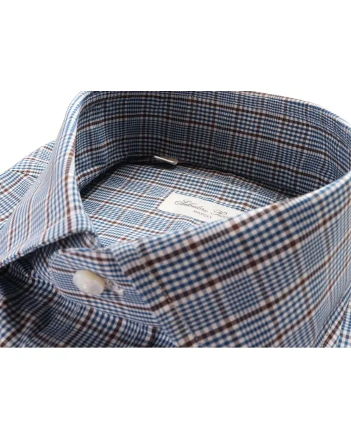SALVATORE PICCOLO DRESS SHIRT - BLUE, WHITE & BROWN - COTTON