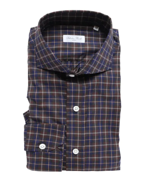 SALVATORE PICCOLO DRESS SHIRT - BLUE & BROWN - COTTON