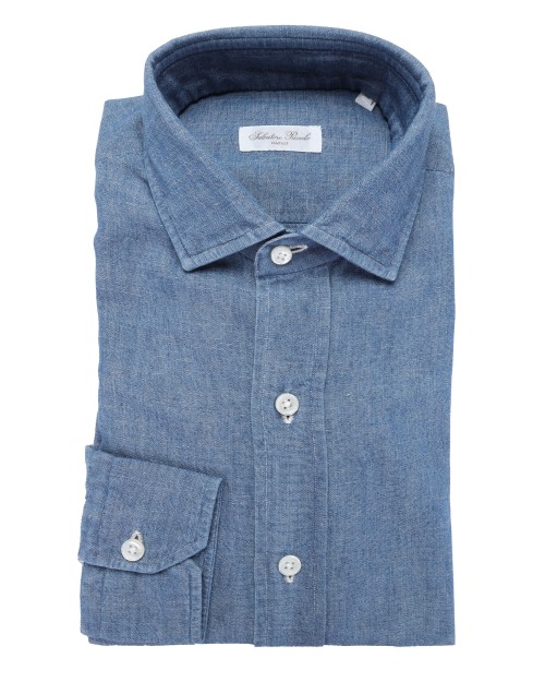 SALVATORE PICCOLO DRESS SHIRT - BLUE - COTTON & LINEN