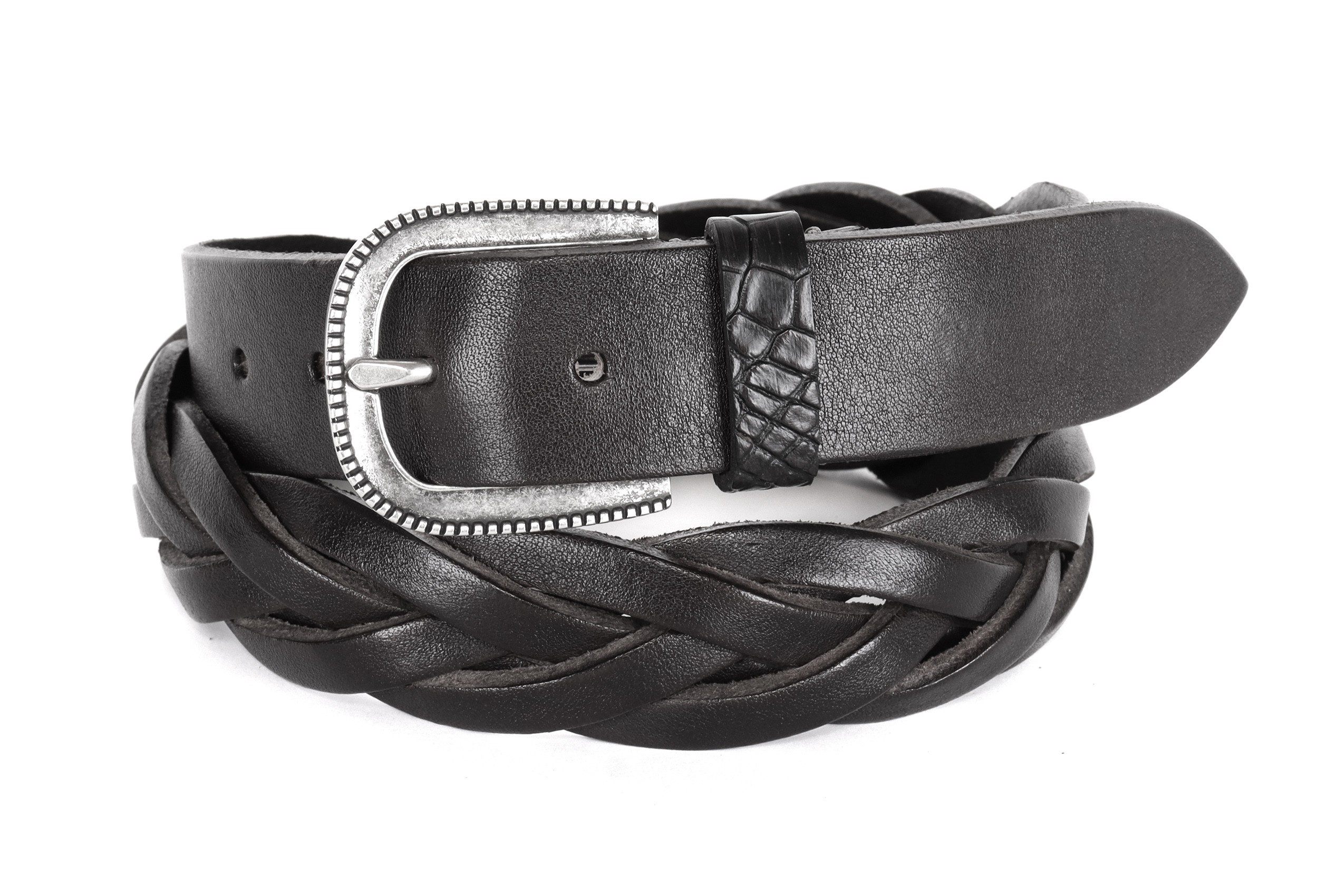 FRATELLI NOVIELLO BRAIDED BELT - BLACK - CALFSKIN & GENUINE CROCODILE