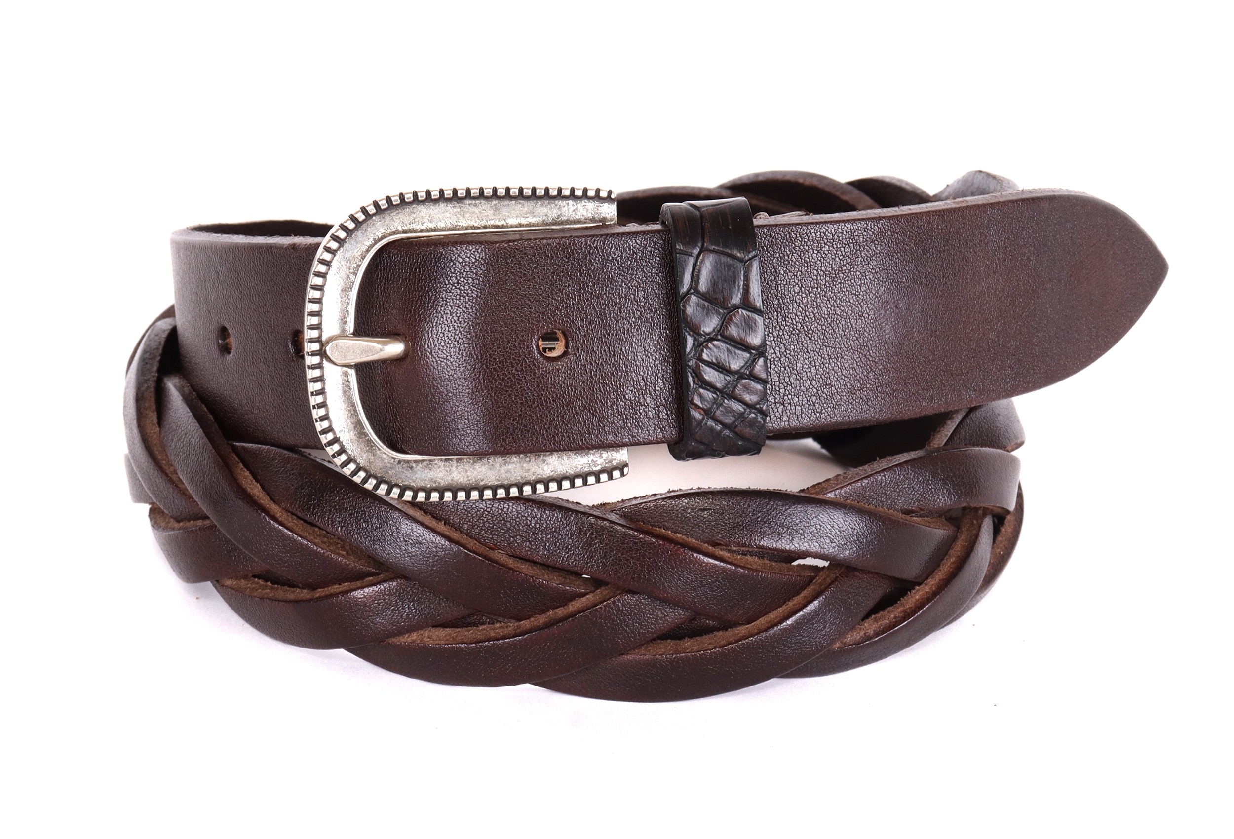 FRATELLI NOVIELLO BRAIDED BELT - DARK BROWN - CALFSKIN & GENUINE CROCODILE