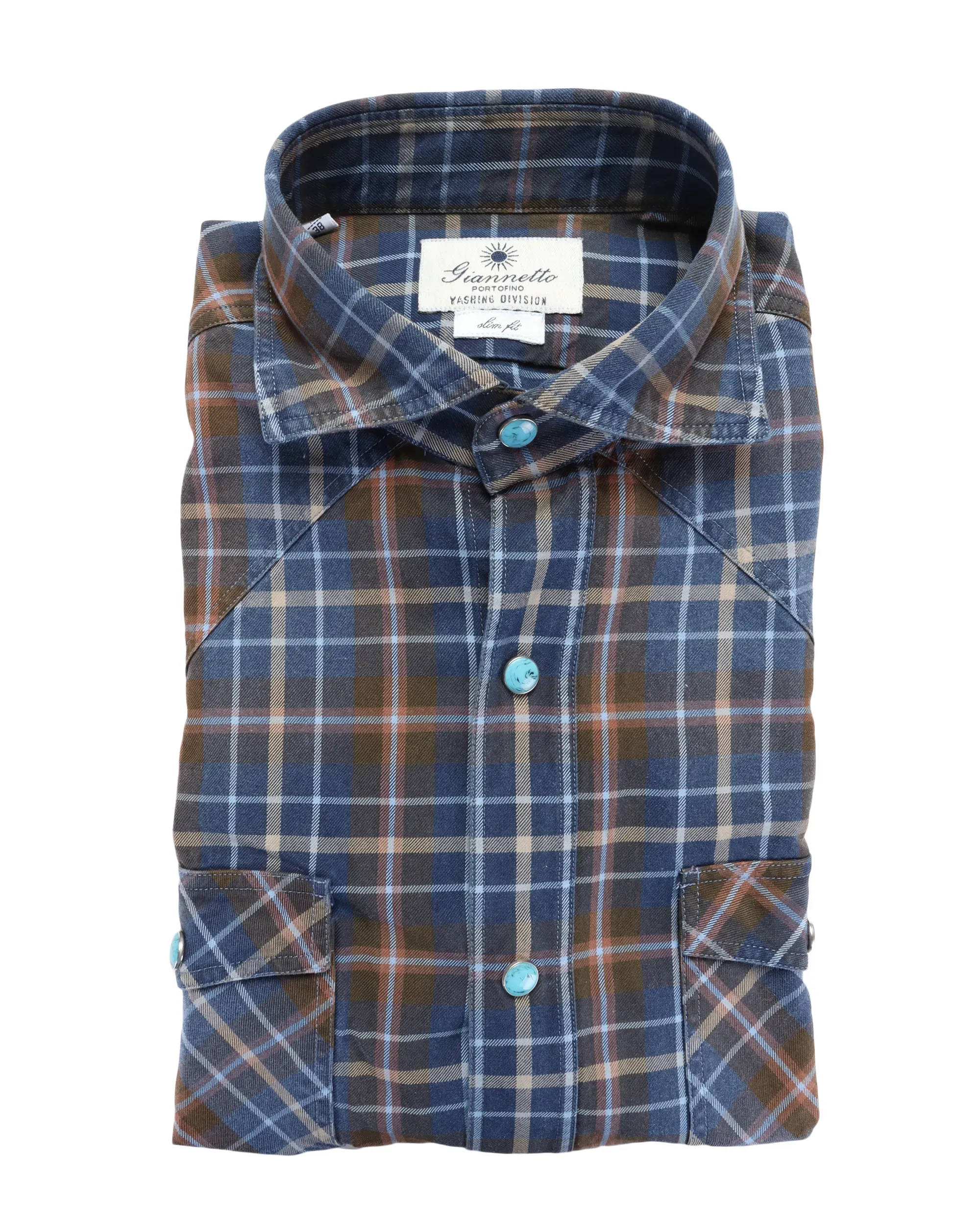 GIANNETTO PORTOFINO SHIRT - BLUE & BROWN - COTTON DENIM