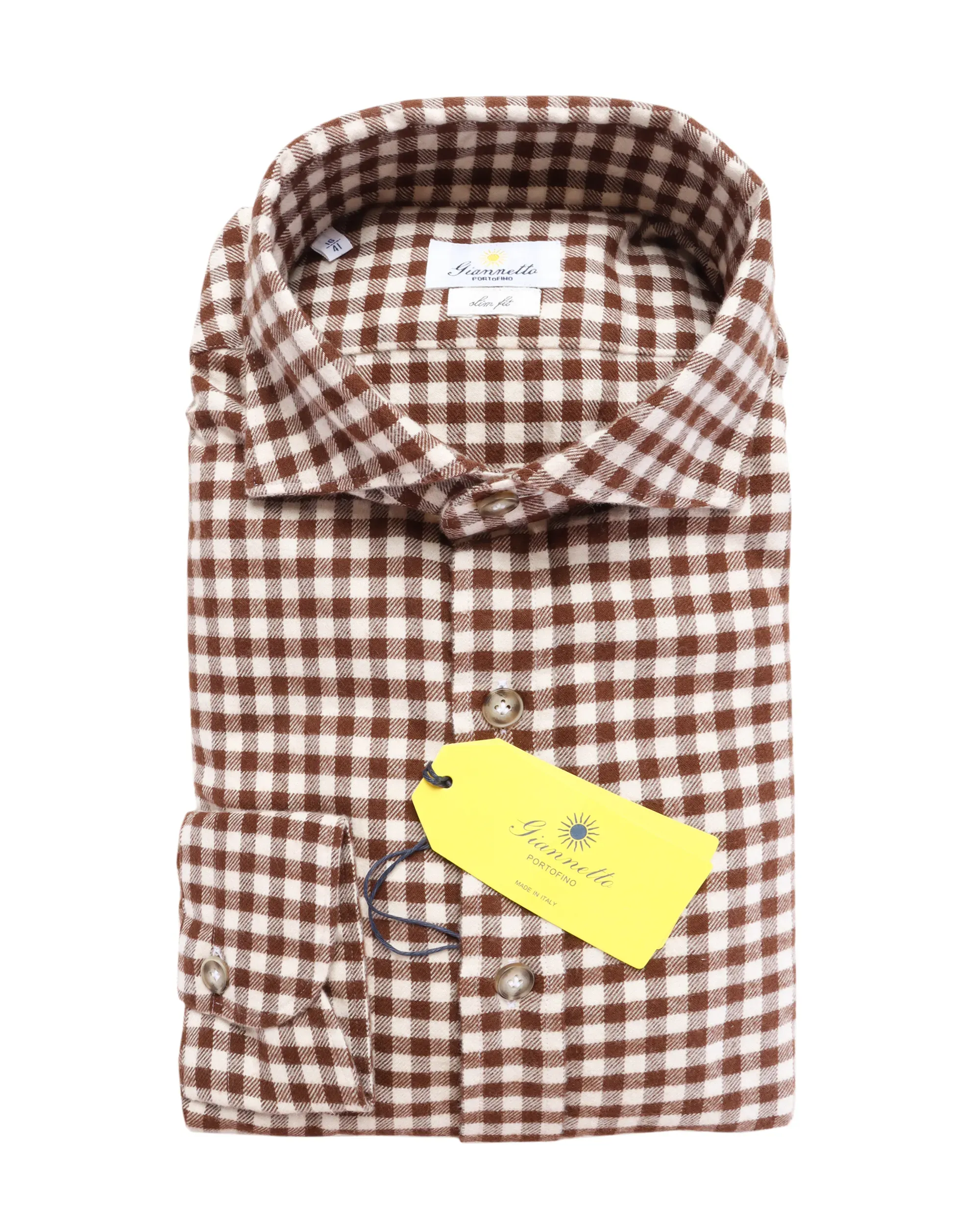 GIANNETTO PORTOFINO SHIRT - WHITE & BROWN - COTTON FLANNEL