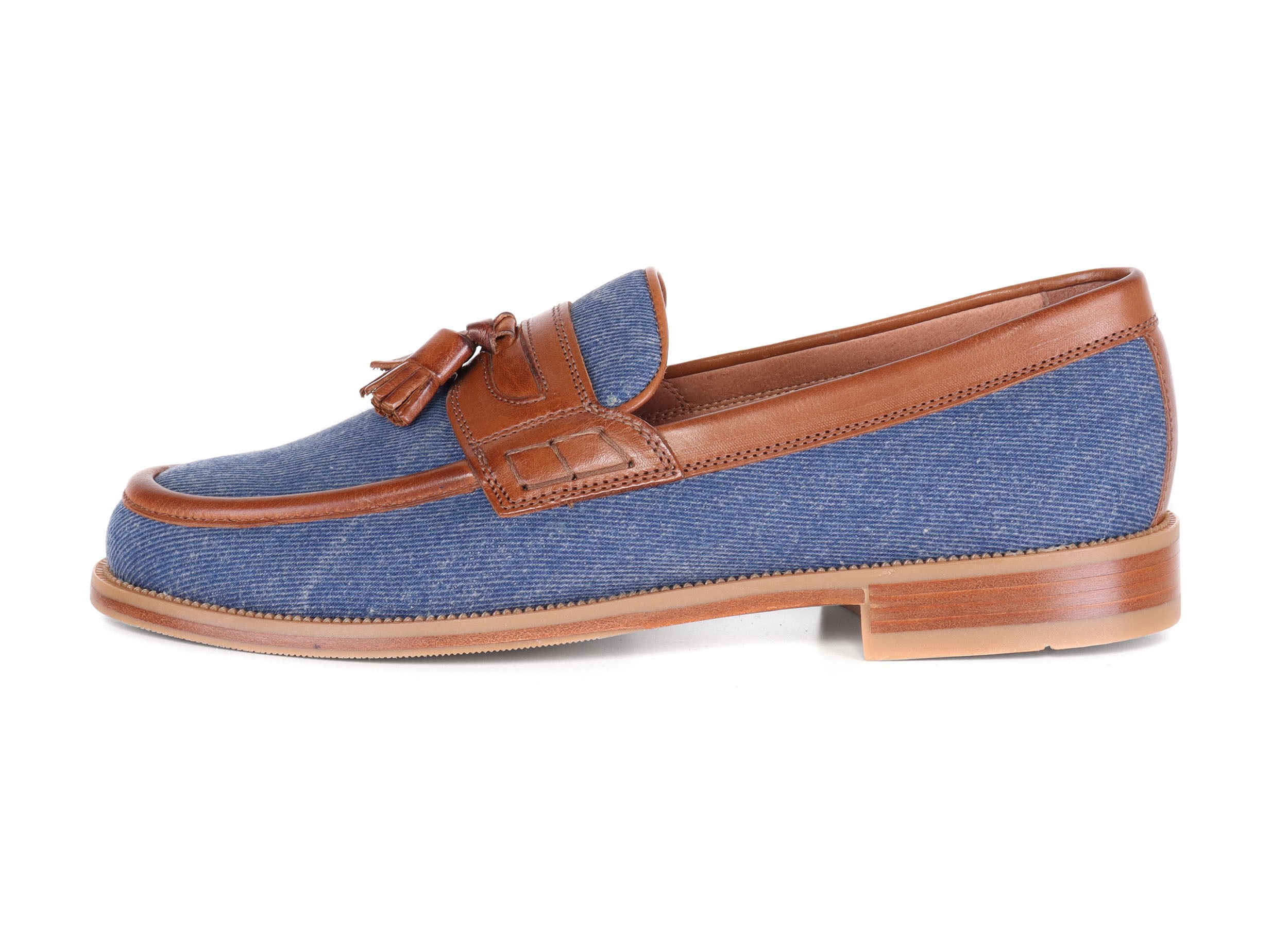 RUSSELL & BROMLEY LOAFERS - CALFSKIN & DENIM - COGNAC & BLUE