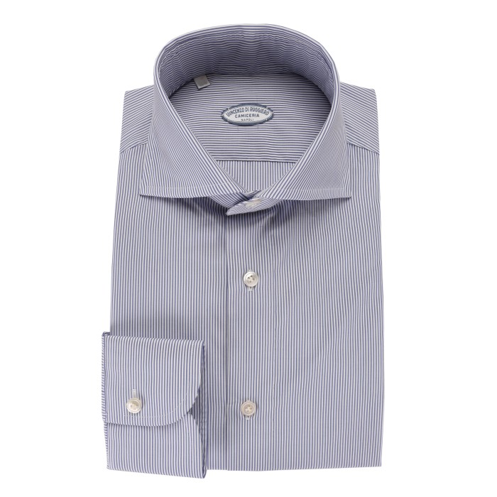 Vincenzo Di Ruggiero dress shirt striped white blue poplin handmade Napoli