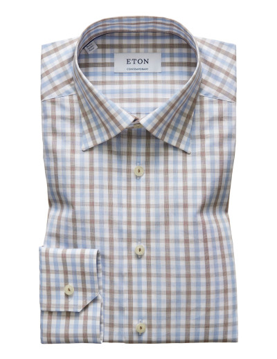 ETON DRESS SHIRT - WHITE, BLUE & BROWN - COTTON
