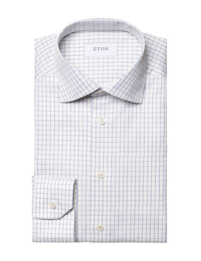 ETON SHIRT - WHITE, BLUE & BROWN - COTTON