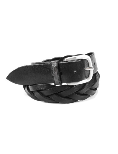 FRATELLI NOVIELLO BRAIDED BELT - BLACK - CALFSKIN & GENUINE CROCODILE