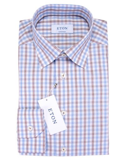ETON DRESS SHIRT - WHITE, BLUE & BROWN - COTTON