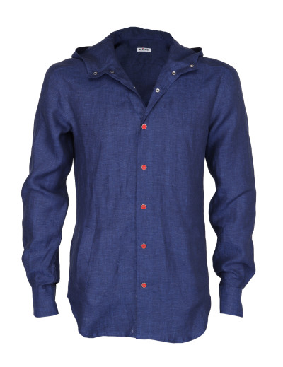 Kiton hooded shirt linen blue